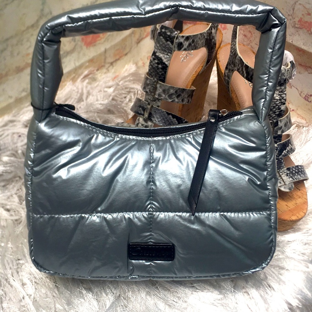 New Silver Luxe Quilted Puffer Shoulder Handbag by Sam Edelman
